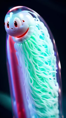 microscope photography of a smiling little white translucent bacteria ghost character from Planet Mars , photorealistic, 3D, 3D rendering, unreal engine, octane render, intricate details, 35mm lens, on flat white background