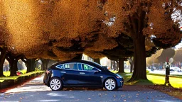 A Tesla's 'Model S Plaid' is doing donuts, within the 'Golden Gate Park', in San Francisco. CINEMATIC. WIDE ANGLE LENS. PHOTO REAL.