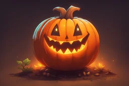 круглая тыква с прорезанной ухмылкой и горящим изнутри оранжевым светом. Маленькое существо в заляпанном землей фартуке, в стиле Stardew Valley