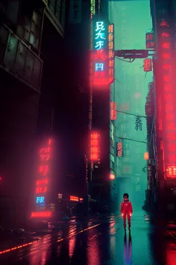 Thriller movie, Kaneda of Akira anime, neotokyo city background, retro futuristic style, glow eyes, cinematic, Ultra realistic, wide angle view, soft color, highly detailed, unreal engine 5, RTX, ultra detail, volumetric lighting, 3d, finely drawn, high definition.