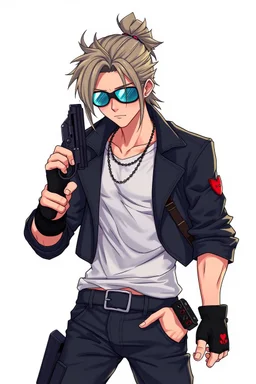 male cyberpunk solo with long hair tail, Norwegian, Wearing Leisureware and mirrored sunglasses, armed with heavy revolver, lean, nice, Anime Style, Retroanime, Video Game Character