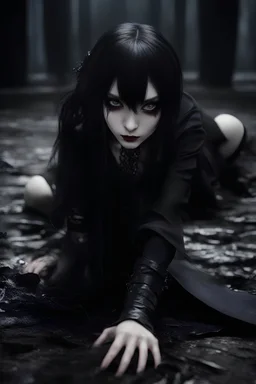 Gothic girl crawling towards the camera, scary moving position. Dark eyes, black clothing and dark make-up. Anime style, Realistic, 8k, chaos background