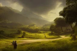 the shire, beautiful scenic landscape, lord of the rings, wide angle, super highly detailed, professional digital painting, artstation, concept art, smooth, sharp focus, no blur, no dof, extreme illustration, unreal engine 5, photorealism, hd quality, 8 k resolution, cinema 4 d, 3 d, beautiful, cinematic, art by artgerm and greg rutkowski and alphonse mucha and loish and wlop