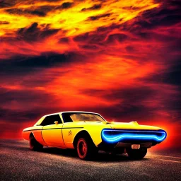 art deco, cyberpunk, neon muscle car, desert road, sunset, full colour, hd,