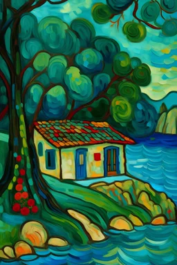 The house nestled by trees near the cerulean sea; Post-Impressionism; Hundertwasser; Cezanne; Gauguin.