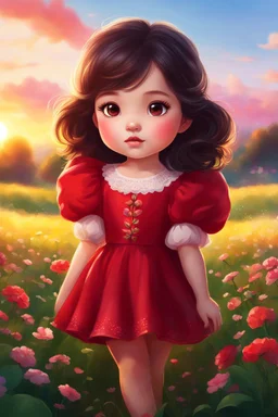 Digital painting of a cute little girl in a gorgeous red puffy sleeve dress, front view, cute chibi face, dark hair, glowing eyes, rosy cheeks, red lips, sunset, back light, clover field in the background, Disney art, digital painting style, High Quality, 4k