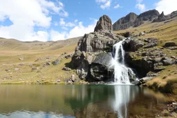 country side with a small lake and a pretty height fall that comes out of a nearby mountain rocks and falls to calm lake