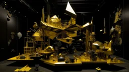 A surreal, abstract scene depicts a chaotic yet organized laboratory or workshop. In the foreground, a large, angular golden structure, resembling a broken piece of machinery or a stylized wing, is propped up by black cubes. Behind it, a tiered arrangement of gold and black rectangular panels forms a backdrop, with some panels tilted or open, revealing intricate internal mechanisms. The floor is littered with debris, wires, and small electronic components, suggesting a recent disruption or ongoi