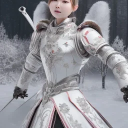 smooth hyper realistic, beautiful Japanese snow knight robot in crown, pale colors, dark cosmos background, extremely sharp detail, finely tuned detail, ultra high definition, 8 k, unreal engine 5, ultra sharp focus, accurate sword wings, positive smile, lot of details, fit within portrait, Ambiance winter, perfect composition, perfect hair, perfect hands, finger up gestures