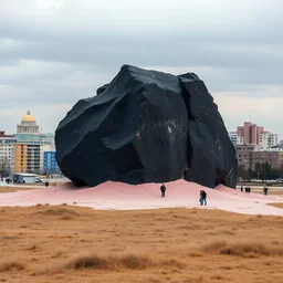 Photograph of outskirts of a city, ominous and odd black irregular stone rises from the earth, details of the stone very accentuated, brutalist style, powder, pastel colors, people, minimaximalist, detailed, 8k, museum, deep 3d field, hasselblad h6d400c --ar 85:128 --v 6.0