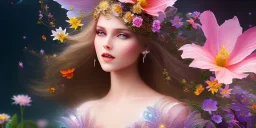 bright fairy, beautiful portrait, flowery landscape