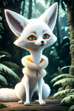 In anime, an anthropomorphic white fur fennec fox is a male character in the tropical forest, 8K resolution, high quality, ultra graphics, and detailed with lines.