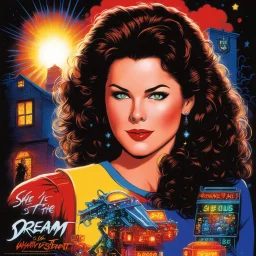 an illustration for the comic "she is the [style is lite brite art, luminous and colorful designs, pixelated compositions, retro aesthetic, glowing effects, creative patterns, interactive and playful, nostalgic charm, vibrant and dynamic arrangements] An official promotional image for the 1987, A Nightmare on Elm Street 3: Dream Warriors. Heather Langenkamp as Nancy Thompson Robert Englund as Freddy Krueger