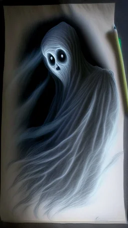 pencil drawing of a ghost. Spooky, scary, halloween, colored pencils, realistic, black paper