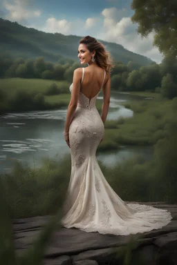 full shot body photo of the most beautiful artwork in the world featuring model, smiling, , High Detail, Sharp focus, dramatic, photo realistic, ultra sharp, ultra hd, hyper realistic, ultra realistic, ((((dress)))), trending on artstation, sharp focus, studio photo, intricate details, highly detailed, standing in nice pose in country side with river ,water fall ,rocky vally