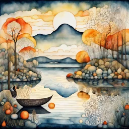 by the lake. Optical illusion, zentangle, surreal. highly detailed elegant fantasy illustration intricate intricate details masterpiece very attractive beautiful award winning crisp quality Paul Klee golden hour Tim Burton Watercolor painting JMW Turner aquarelle Dee Nickerson watercolor and ink wet on wet pen and ink style Xuan Loc Xuan