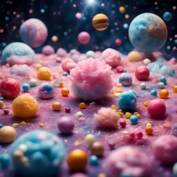 complex solar system in space made of sweets candies cotton candy gummy candy, nebula and constellations in background, sharp focus, high contrast, bright vibrant colors, cinematic masterpiece, shallow depth of field, bokeh, sparks, glitter, 16k resolution, photorealistic, intricate details, dramatic natural lighting