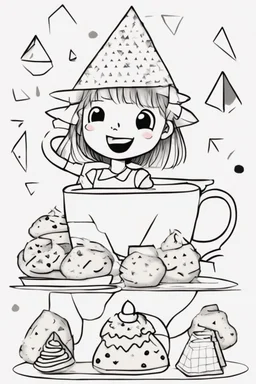 A little girl with a triangular party hat, enjoying a tea party with geometrically shaped cookies and cups. Use triangles for the hat, cookies, and other party decorations. very happy , Colloring page for todlliers ; basic hawali style cartoon , black and white , ink outlines , , smooth , anime style , minimalist , cute eyes , full body , white shose , sketchbook , realistic sketch , free lines , on paper , character sheet , clean line art high detailed