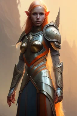 painting of a tall elven young woman with short light orange hair and freckles and tall body light armor, full body, ultra realistic, concept art, intricate details, eerie, highly detailed, photorealistic, octane render, 8 k, unreal engine. art by artgerm and greg rutkowski and charlie bowater and magali villeneuve and alphonse mucha