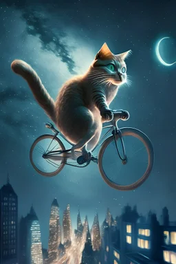 A pedaling cat riding a bicycle is flying at night in the sky over tall buildings.