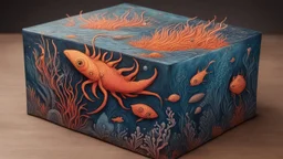 creatures, plants from subanautica from deep sea, drawn on the box, beautiful, river of magma