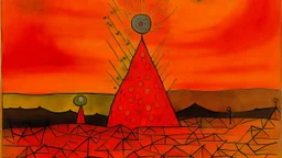 An orange color volcano with chaotic fire painted Paul Klee