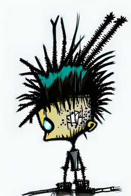 2d drawing of a stickman, cool with punk hair, x eyes like in hangman, view from back and slightly peeking behind, 3d realistic in colour