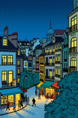 "A nighttime scene of a Paris neighborhood with illuminated windows and bustling nightlife, illustrated by Herge in the detailed and vibrant style of Tin-Tin comics."