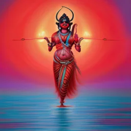 An oil painting of goddess Kali crossing a lake, neon red colors,