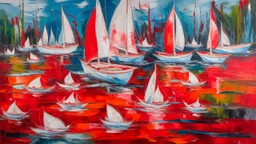 A stunningly vibrant and ethereal scene, reminiscent of Claude Monet's iconic "Water Lilies" series, yet imbued with a whimsical twist of modern imagination. At the heart of the painting, an array of boats with distinctive white hulls and scarlet sails float gracefully on a serene body of water. The color pigments of the surrounding environment have come to life in a mesmerizing dance, creating soft, stippled gradients that ripple through the air like a visual symphony of nature. The boats appea