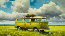 Oil painting of a yellow van parked in a field, under a blue sky with white clouds. The van is old and rusty, with some of its paint peeling. The field is predominantly brown and green, with some patches of yellow flowers. Mountains can be seen in the background. A woman sits meditating on the roof of the van. The painting is done in a realist style, with thick brushstrokes. The composition is balanced, with the van occupying most of the frame. The style is reminiscent of Impressionism, with vis