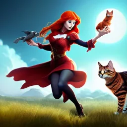 Red headed witch girl and her cat animal companion flying, beautiful, cute, 8k, unreal engine 5, mischievous, artgerm, art design by Raymond Swanland