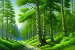 Peder Mork Monsted style Scots pine, greenish blue color hyperrealistic