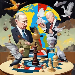 Putin, President Xi Of China And Joe Biden Play Chess With A Pigeon,Ufo And Atomic Bomb Mushroom Cloud,Complex Surgical Instruments Intermixed With A Newborn Boy,Minimalism,Painting By Adrian Ghenie,Rene Magritte,Pablo Picasso,Michelangelo,Salvador Dali,Lucian Freud