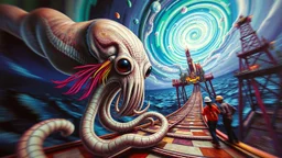 master oil painting by Dali and Escher, roller coaster hypno psycho alien squid with rasta wig breast feeding with some bad ass power off shore oil platform cyber punk people experiencing gravity at its worst, pin hole cam, twisted perspective, goa trance music poster, awake within a psychedelic mushroom dream, with some motion blur background, and hyper depth perception layout