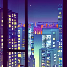 looking outside from a penthouse suite at the top of the highest skyscraper in the middle of a cyberpunk city at night, very detailed, kandinsky and magritte, trending on artstation, cinematic.