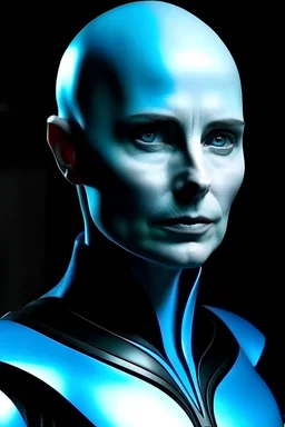 The actress Antje Traue as bald and blue female dr manhattan