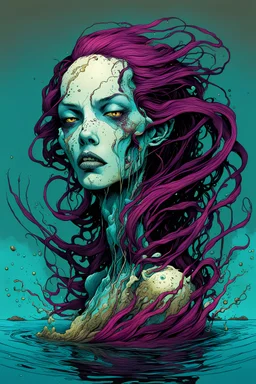 illustration of a drowned undead shape shifting female in the style of Alex Pardee and Jean Giraud Moebius, highly detailed, boldly inked, deep murky aquatic color