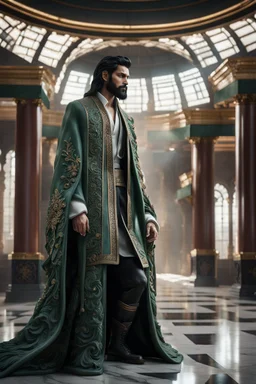 highly detailed marble and jade statue on a plint of a young man. long black hair and short beard, full body shot, invisible gloves, , volumetric fog, Hyperrealism, breathtaking, ultra realistic, unreal engine, ultra detailed, cyber background, Hyperrealism, cinematic lighting, highly detailed, breathtaking, stunning environment