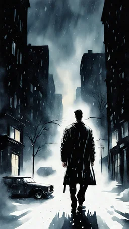 My creative interpretation of a illustration inspired by "Max Payne", 2001, Remedy Entertainment, morbidly moody and twilightly dark aesthetic of early 2000s, a night of incessant and raging snowfall, darkened streets of a mysteriously deserted Noir York City, a nightmare-like metropolis, watercolor, 1980s graphic style