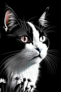 Draw me a black and white cat with flowers in high quality 8k