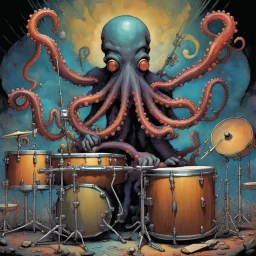 anthropomorphic Octopus playing drums in a rock and roll band, multiple arms holding drumsticks, large drum set, by Dave McKean, by Tim White, by Aaron Brooks, modern comic book art, maximalist, palpable textures, distressing hues, McKean's distinctive visceral style, detailed line work, rich sharp colors.