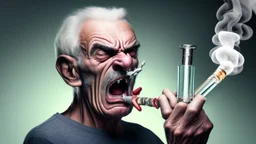 very angry, toothless 65 year old with a glass pipe smoking crack