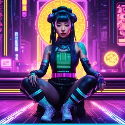 [psychedelic pixel illustration by Jannell Jaquays with Solstice colour palette] Neon Void (AcidHouse Space Opera) a Neo-cyberpunk asian warrior girl with barcode tattoo sits in front of the camera, ready to engage, casino in the background