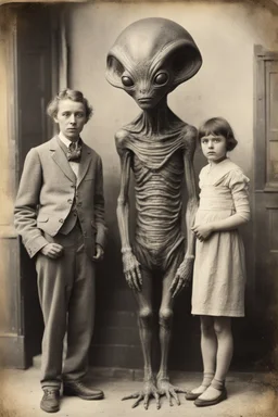 1900's black and white vintage photo, interior, alien human hybrid creature with a family, captured on square format film, grainy, aged