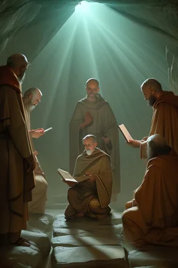 Several Christian priests of the 1st millennium AD are holding Hebrew scrolls of Holy Scripture in their hands and actively arguing. They are in a cave illuminated from above by a penetrating beam of light. The image is in high quality in 8k