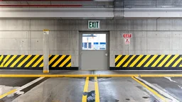 wall design for parking garage, concrete, yellow painted hazard lines, weathering and water stains, in middle is an exit doorway with small window, with a sign is above. rough painted hashmarks and parking lines, add signage found in a parking garage.