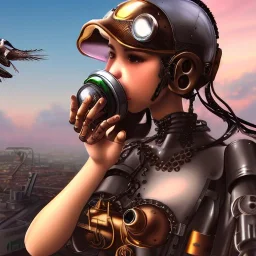 great illustrator, spanish, realistic rendering of a cute spanish girl kissing a cyber girl with tubes and a respirator, beautiful, steampunk style. Helmet with tubes. Machinery in the background. robotic bird flying. High details. 4k. unreal engine, sunset