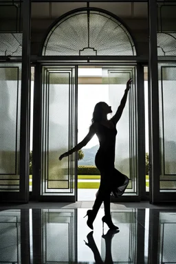 front of is the glass door, a dark silhouette of a dancing woman behind the glass door , front of it is the glass door, high quality, highly detailed, stunning, high realistic picture, impressive, sharp focus, perfect body, perfect shot, professional photo