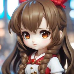 close-up headshot of a chibi girl with long brown hair, vibrant red eyes, cute, childlike, intricately detailed, masterpiece, anime chibi doll, 4k, kawaii